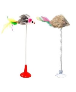 BUFFER® 2li Vantuzlu Fareli Tüylü Hareketli Çanlı ve Esneyen Eğlenceli Peluş Kedi Oyuncağı