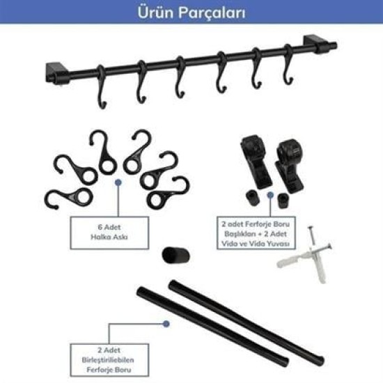 BUFFER® Duvara Monte Edilen 6 Kancalı Dekor Kaşıklık ve Kupa Askısı BUFFER® Duvara Monte Edilen 6 Kancalı Dekor Kaşıklık ve Kupa Askısı