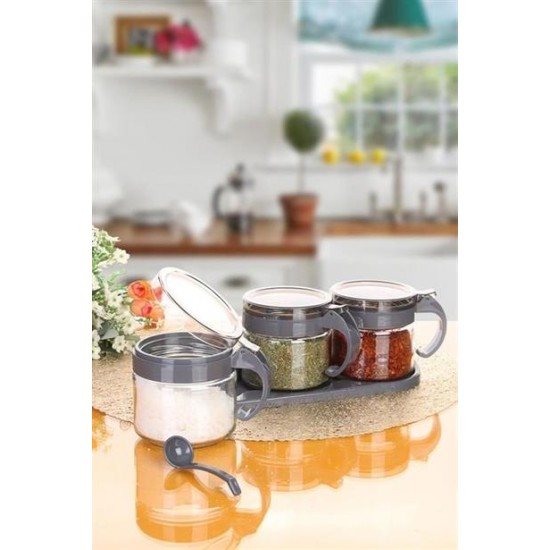 BUFFER® Gri 3lü Standlı Kapaklı Kaşıklı Cam Hava Sızdırmaz Baharatlık Takımı KC-386 BUFFER® Gri 3lü Standlı Kapaklı Kaşıklı Cam Hava Sızdırmaz Baharatlık Takımı KC-386