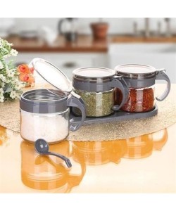 BUFFER®  Gri  3lü Standlı Kapaklı Kaşıklı Cam Hava Sızdırmaz Baharatlık Takımı KC-386