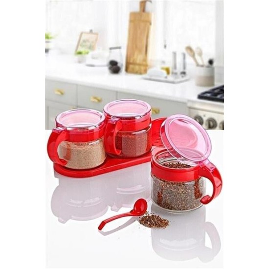BUFFER® Kırmızı 3lü Standlı Kapaklı Kaşıklı Cam Hava Sızdırmaz Baharatlık Takımı KC-386 BUFFER® Kırmızı 3lü Standlı Kapaklı Kaşıklı Cam Hava Sızdırmaz Baharatlık Takımı KC-386