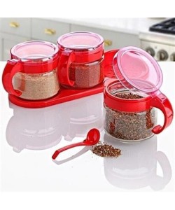 BUFFER®  Kırmızı 3lü Standlı Kapaklı Kaşıklı Cam Hava Sızdırmaz Baharatlık Takımı  KC-386