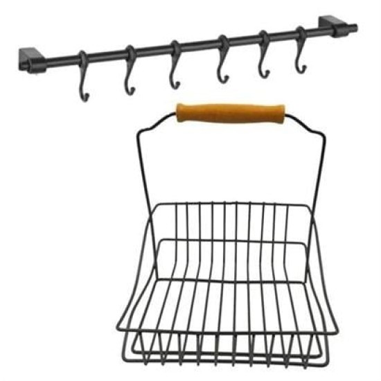 BUFFER® Retro Ferforje Askılı Siyah Ahşap Kulplu Düzenleyici Mutfak Sepeti BUFFER® Retro Ferforje Askılı Siyah Ahşap Kulplu Düzenleyici Mutfak Sepeti