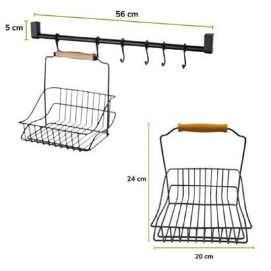 BUFFER® Retro Ferforje Askılı Siyah Ahşap Kulplu Düzenleyici Mutfak Sepeti BUFFER® Retro Ferforje Askılı Siyah Ahşap Kulplu Düzenleyici Mutfak Sepeti