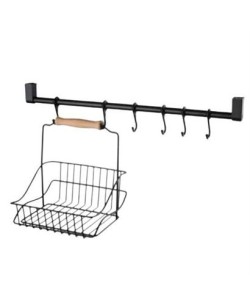 BUFFER® Retro Ferforje Askılı Siyah  Ahşap Kulplu Düzenleyici Mutfak Sepeti