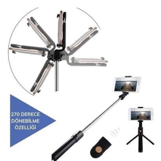 BUFFER® Sabitlenebilir Cep Telefon Tutucu Ayarlanabilir Taşınabilir 3 Ayaklı Tripod Selfie Çubuğu BUFFER® Sabitlenebilir Cep Telefon Tutucu Ayarlanabilir Taşınabilir 3 Ayaklı Tripod Selfie Çubuğu