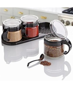 BUFFER®  Siyah 3lü Standlı Kapaklı Kaşıklı Cam Hava Sızdırmaz Baharatlık Takımı KC-386