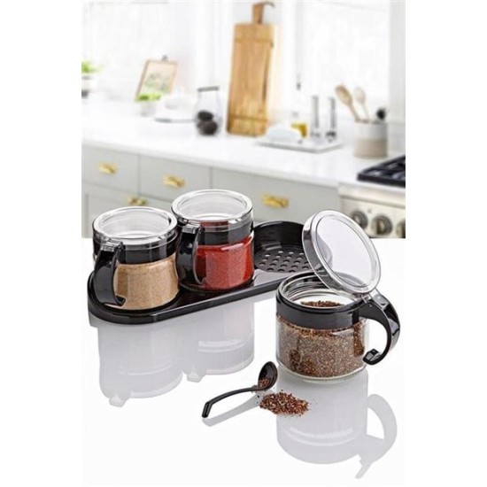 BUFFER® Siyah 3lü Standlı Kapaklı Kaşıklı Cam Hava Sızdırmaz Baharatlık Takımı KC-386 BUFFER® Siyah 3lü Standlı Kapaklı Kaşıklı Cam Hava Sızdırmaz Baharatlık Takımı KC-386