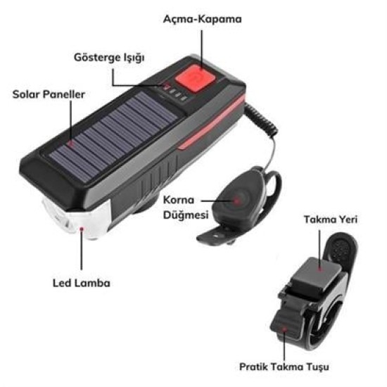 BUFFER® Solar Enerjili USB ile Şarj Edilebilir Ledli Bisiklet Feneri Kornalı ve Su Geçirmez Far BUFFER® Solar Enerjili USB ile Şarj Edilebilir Ledli Bisiklet Feneri Kornalı ve Su Geçirmez Far